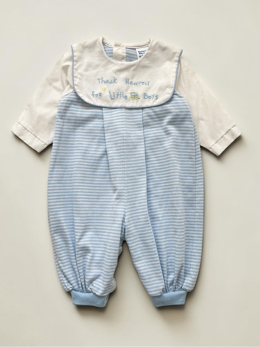 VINTAGE NURSERY RHYME EUC/LN Thank Heaven For Little Boys Embroidered Romper